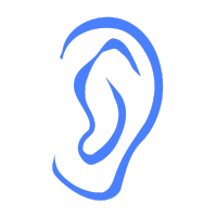 Blå illustration af et menneske øre ÅBN 