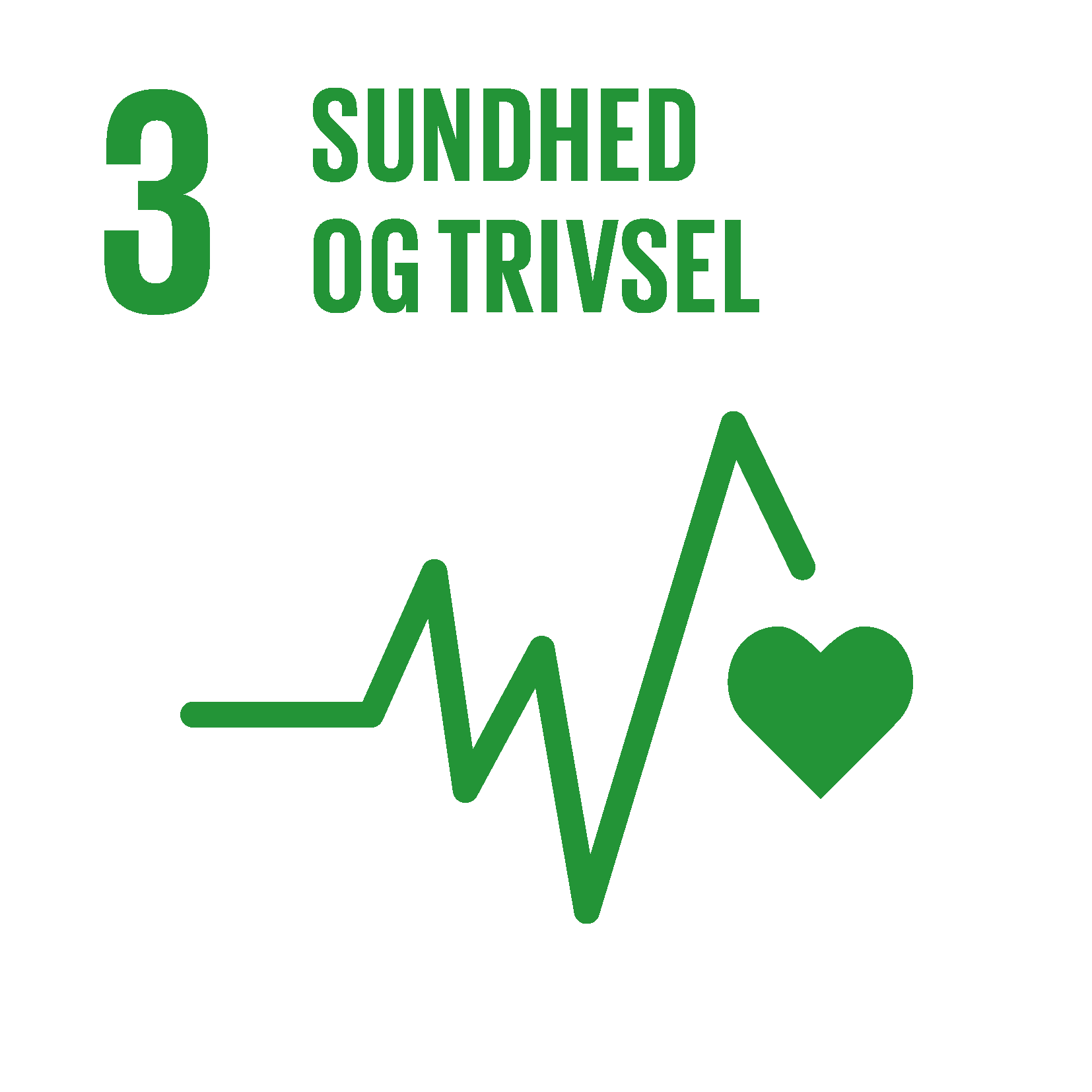 FN's tredje verdensmål, Sundhed og trivsel, illustreret med en grøn hjerterytme og et grønt hjerte