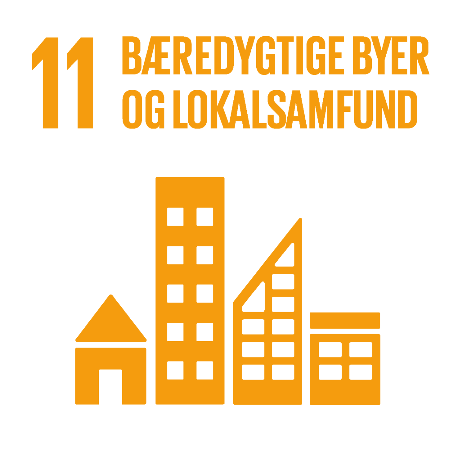 FN's ellevte verdensmål, Bæredygtige Byer og Lokalsamfund, illustreret med fire orange bygninger
